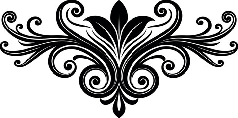 Vector art of elegant black ornamental flourish with swirling leaves and floral elements