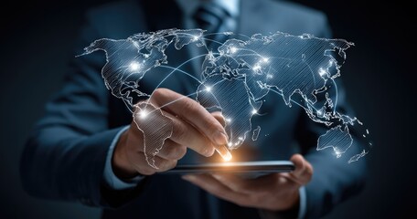 A person in a suit interacts with a digital world map, highlighting global connections