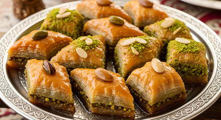 Baklava: golden pastries with pistachios and almonds, often arranged on ornate trays