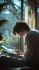 A young adult journaling beside a window, soft light revealing a calm smile, depicting real mental health self-care and reflection