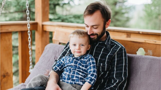 A father embraces his son on a porch swing. An tender moment of connection and warmth between father and son. They are looking at the camera.