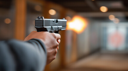 A novice practices trigger control in an indoor range with a coach observing targets freshly printed finger positions corrected and a timer beeping softly captured in a