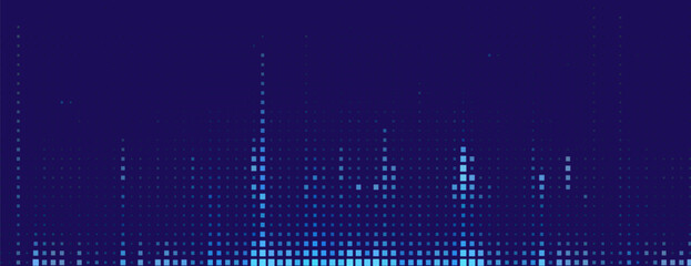 Abstract halftone dotted digital technology background with futuristic night city and neon light effect. Cyberpunk and retrowave design for technology, hi-tech and science concept. Vector illustration