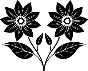 Vector art of two stylized black flowers with leaves