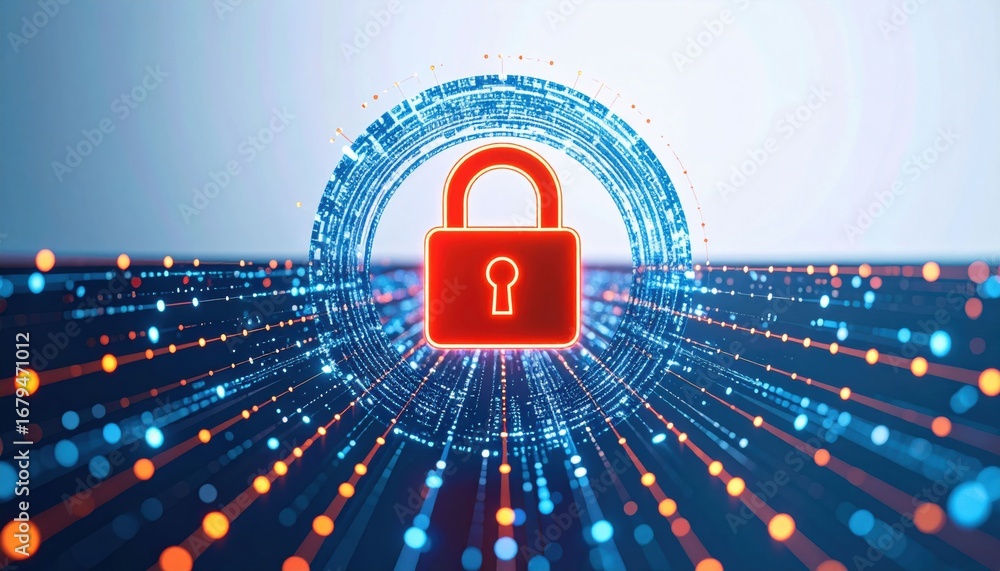 Poster a digital illustration featuring a red padlock surrounded by vibrant data streams, symbolizing cyber