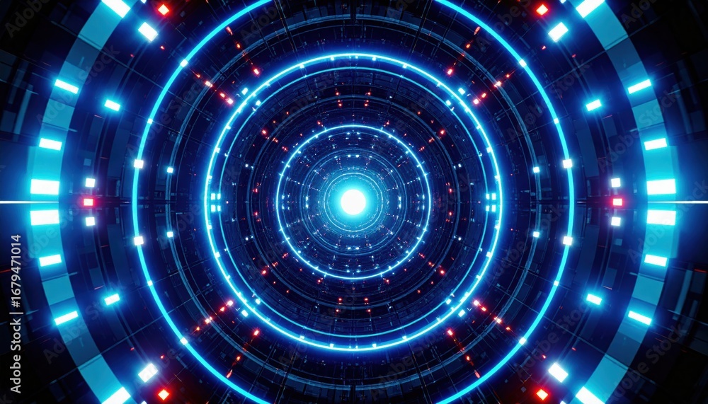 Poster a futuristic, glowing tunnel with concentric circles of blue and red lights, creating a mesmerizing 
