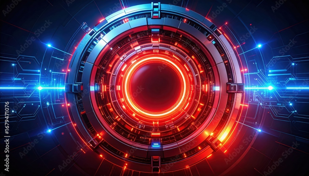Poster a futuristic circular design with vibrant red and blue lights, featuring intricate patterns and a gl