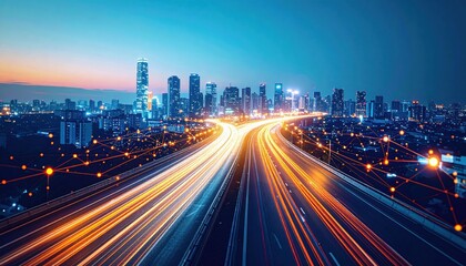 Fototapeta premium A vibrant city skyline at dusk, featuring illuminated buildings and light trails from moving vehicles, showcasing a dynamic urban environment.