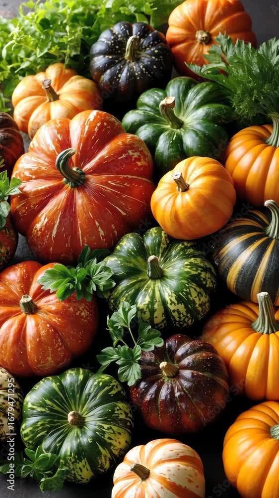 Poster harvest display of assorted pumpkins showcasing vibrant colors and unique patterns in a fresh market