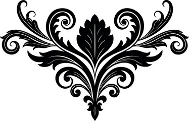 Vector art of elegant black damask flourish with swirling leaves and floral elements