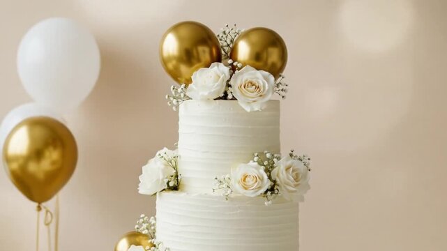 Elegant two tier wedding cake adorned with white roses and golden balloons for upscale celebration video - Powered by Adobe