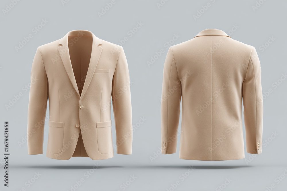 Poster front and back views of a tailored tan jacket, featuring a classic design with two buttons and a sop