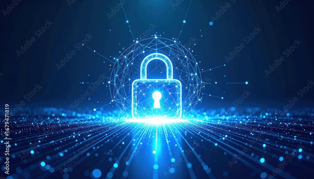 Poster a glowing digital padlock surrounded by a network of lines and particles, symbolizing cybersecurity 