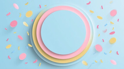 Pastel circle platform over light blue background with scattered confetti pieces