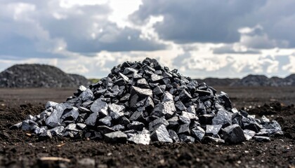 A close-up of a mound of coal against a cloudy sky, with additional piles visible in the background, showcasing a rugged and industrial landscape.