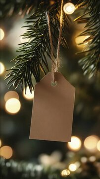 A close-up of a hanging Christmas tag on a decorated tree, with the warm glow of white lights in the background.