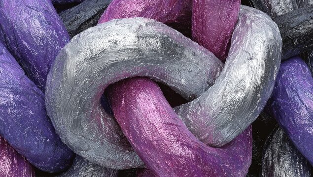 Intertwined, metallic,  knotted tubes in shades of purple and silver.  Close-up view