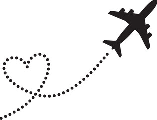 Silhouette airplane with a dotted heart-shaped flight path on a white background.
