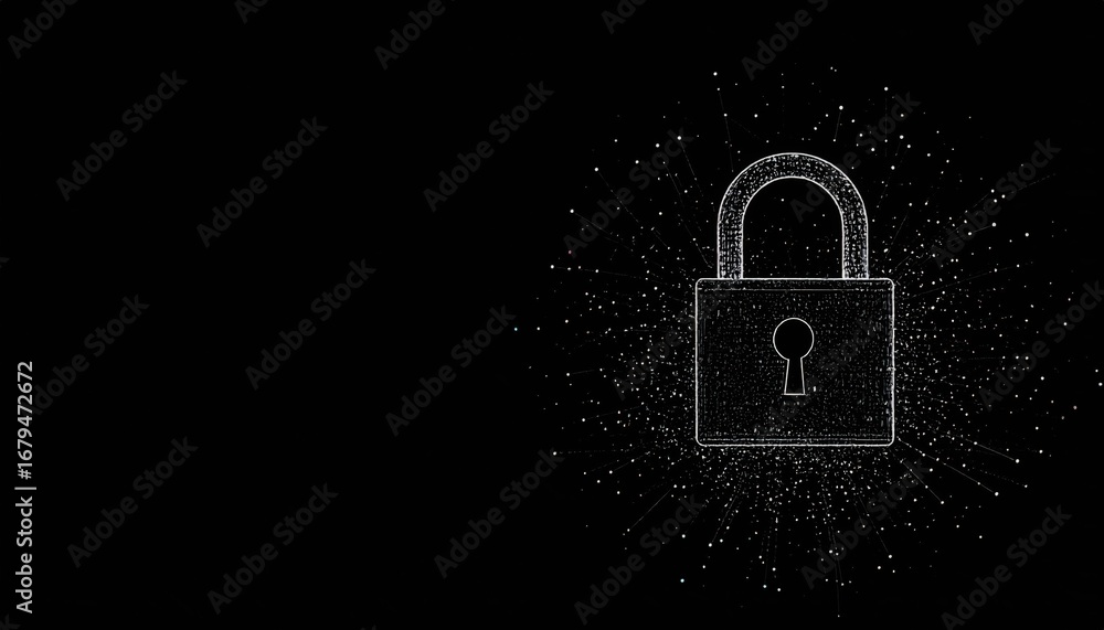 Poster a digital lock icon surrounded by sparkling effects, symbolizing security and protection in a modern