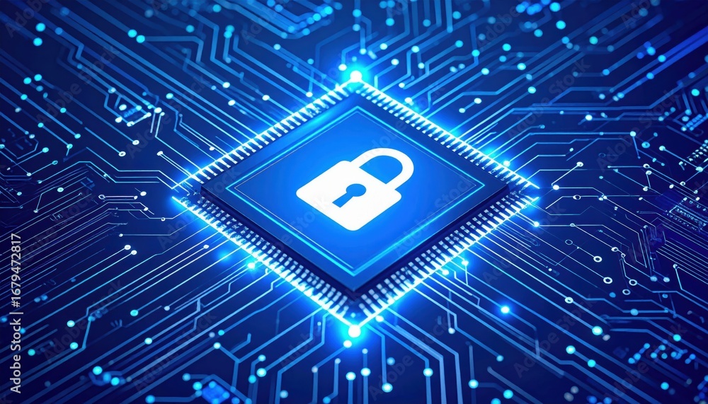 Poster a digital circuit board featuring a central processor icon with a padlock, symbolizing cybersecurity
