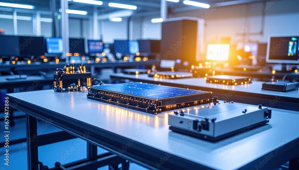 Poster a high-tech laboratory featuring electronic equipment and circuits on tables illuminated by soft lig