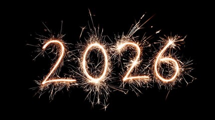 Colorful Sparklers draw text 2026 on black background