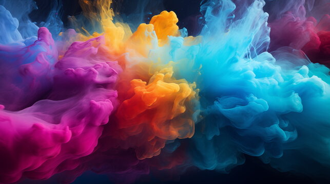 Abstract vibrant color swirling rainbow powder clouds
