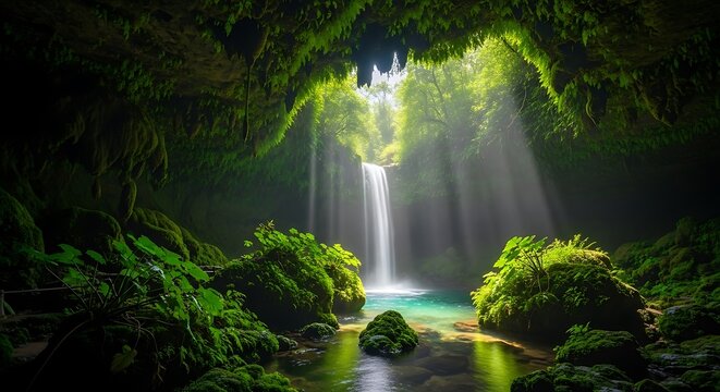 Sunlight Waterfall in Lush Green Cave.