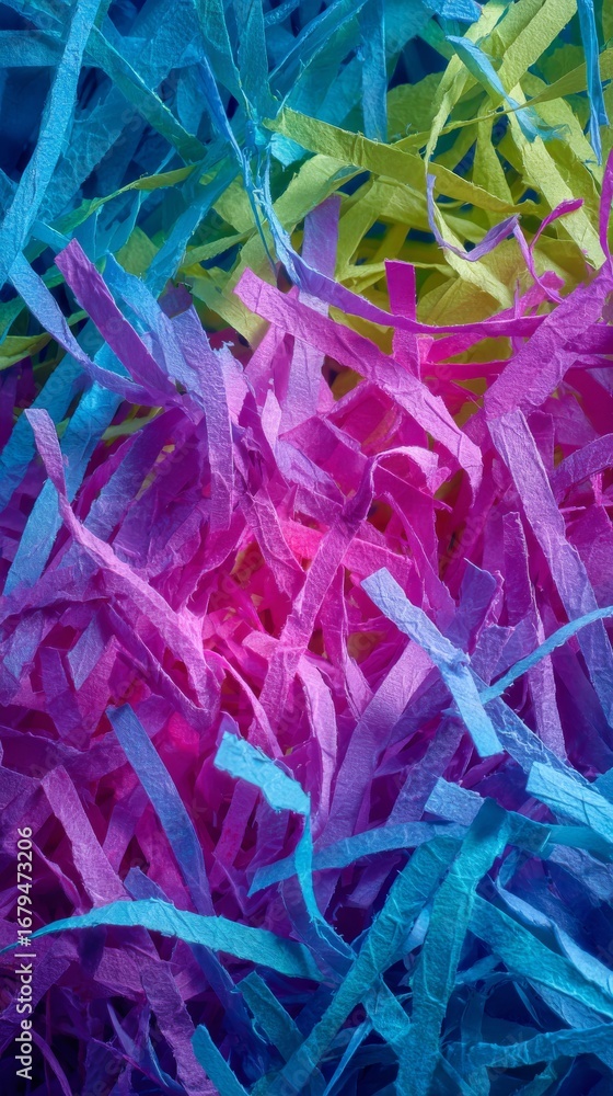 Poster vibrant paper strips a colorful textured background displaying shredded pieces in blue green and pin