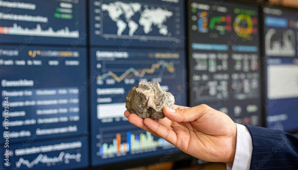 Poster a professional hand holds a mineral sample in front of digital screens displaying financial data and