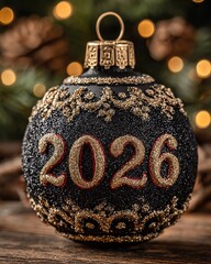 magine black Christmas Bauble with Sparkling 2026. Glamorous Holiday Ornament in Black and Gold. New Year 2026 Festive Black Ball. Luxurious Black Xmas Ornament on Tree