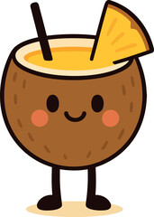 Cute Coconut Cocktail Character with Pineapple and Straw