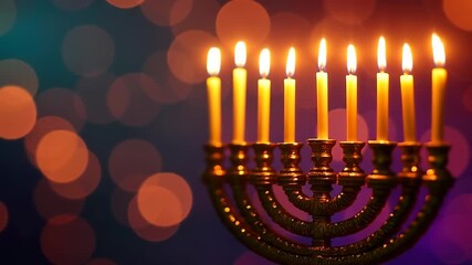 Menorah Lighting With Bright Flames and Blurred Colorful Lights in Background During Festive Celebration