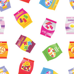 Plastic packs of jelly candies. Vending machines goods, sweet juicy snacks for adults and children. Different packaging of gummy, vector background