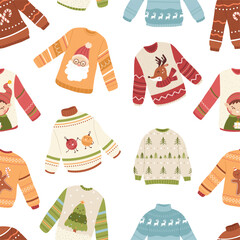 Winter warm knitted sweaters seamless pattern. Christmas sweater design with santa elf deer xmas tree. Holidays print template, vector background