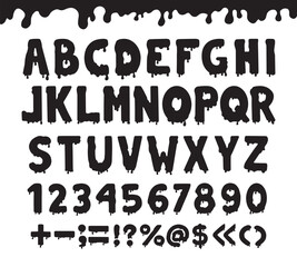 Black liquid ink letters. Letters numbers punctuation marks flows and drips. Isolated decorative abc for design, posters, halloween cards, neoteric vector set