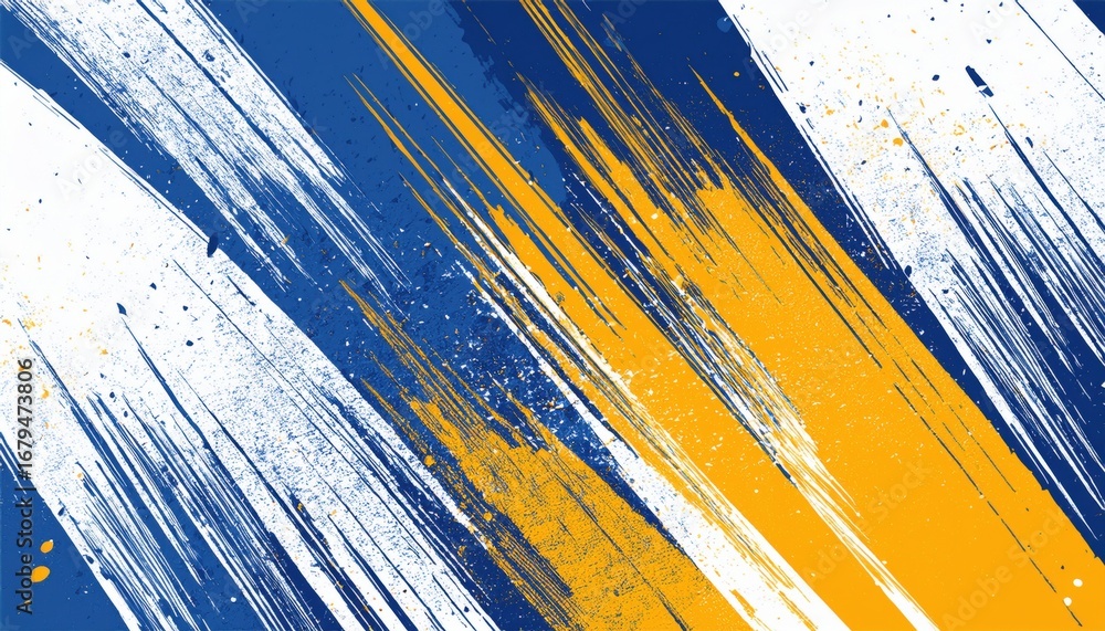 Poster dynamic abstract paint streaks in blue and yellow with splattered texture for modern background or d