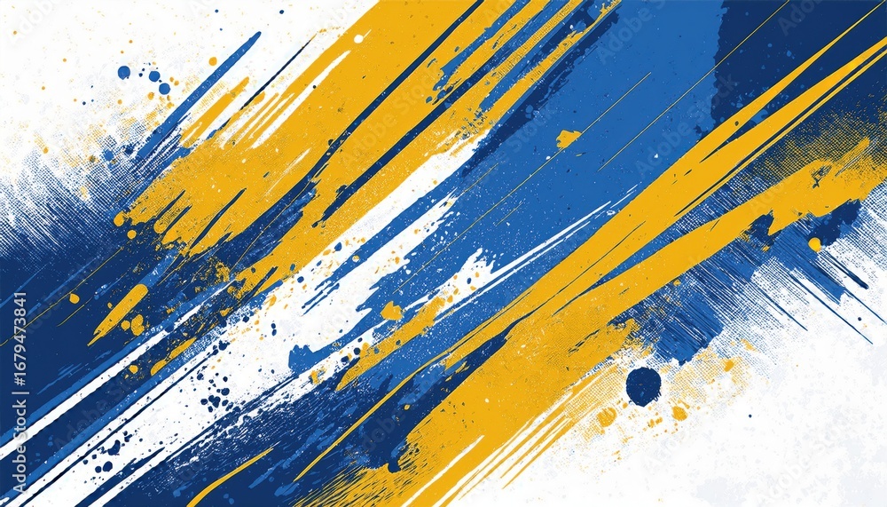 Poster dynamic abstract paint streaks in blue and yellow with splattered texture for modern background or d