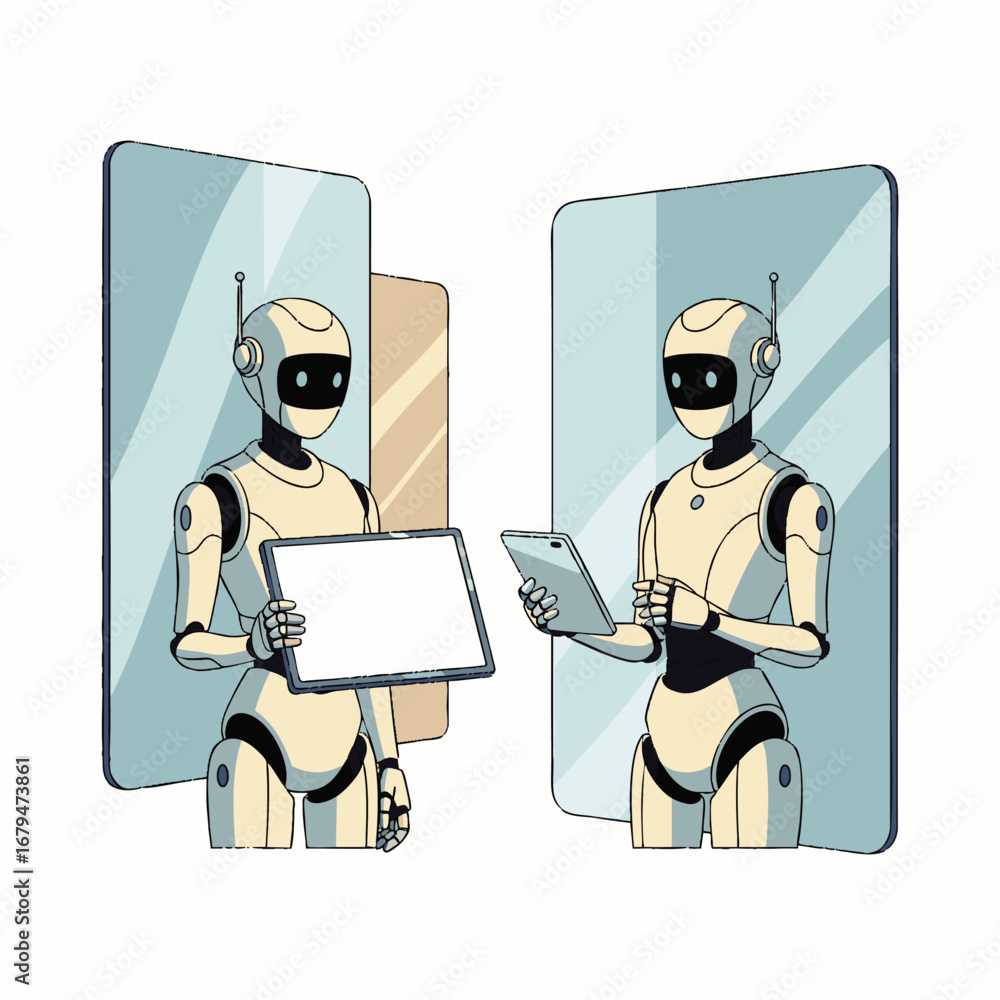 Poster two advanced humanoid robots engage in a digital information exchange, one presenting a blank tablet