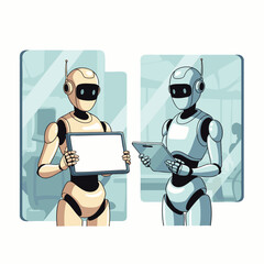 Two advanced humanoid robots in a sleek environment, one displaying a blank digital tablet for content, the other interacting, representing AI and future tech.