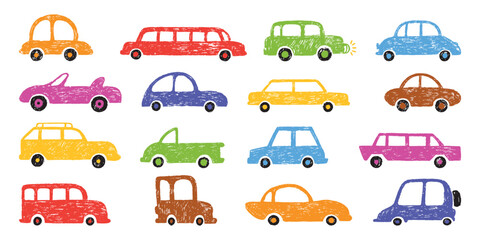 Children crayon drawing cars. Colorful car different design draw with pastel pencil. Textured vehicle elements, transportation, kids decor neoteric vector set