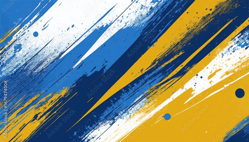 Poster dynamic abstract paint streaks in blue and yellow with splattered texture for modern background or d