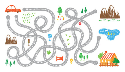 Maze game with car. Children play with hand drawn crayon house lake mountain nature elements. Kids playful landscape, neoteric vector template