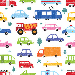 Hand drawn children cars seamless pattern. Simple autos design, crayon pencil or chalk drawing vehicle. Car truck tram, fabric print neoteric vector template