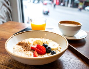 A bowl of wholesome oatmeal topped with fresh fruit and a sprinkle of cinnamon sits beside a cup of coffee and orange juice, creating a pleasant morning scene.