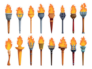 Cartoon torch game assets. Medieval wooden metal stone sticks with burning flames. Ancient design torchlights with fire, sapid vector icons