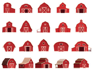 Farm red barns. Countryside wooden barn icons, classic rural architecture buildings. Farming houses, agriculture constructions sapid vector clipart