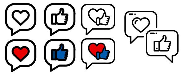 Minimal vector social media icons set with heart and like symbols in chat bubbles. Modern flat outline style for UI, apps, websites, and stock illustrations.