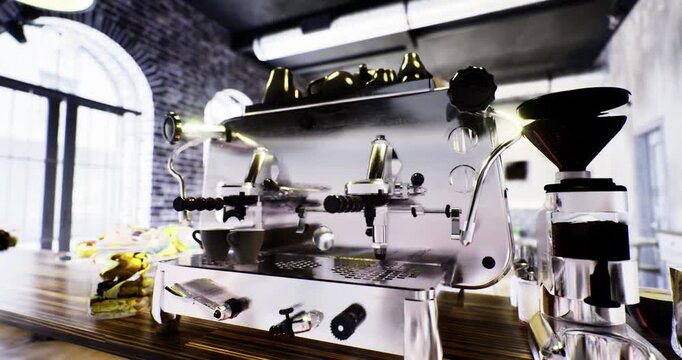 A polished espresso machine stands prominently on a wooden bar, gleaming under warm lights. The urban cafe buzzes with energy as baristas prepare delicious brews for eager customers.