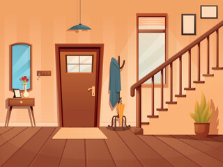 Cartoon hallway interior. House or apartment entrance, hall with wooden door, clothes hanger, mirror and stairway. Cozy space sapid vector scene